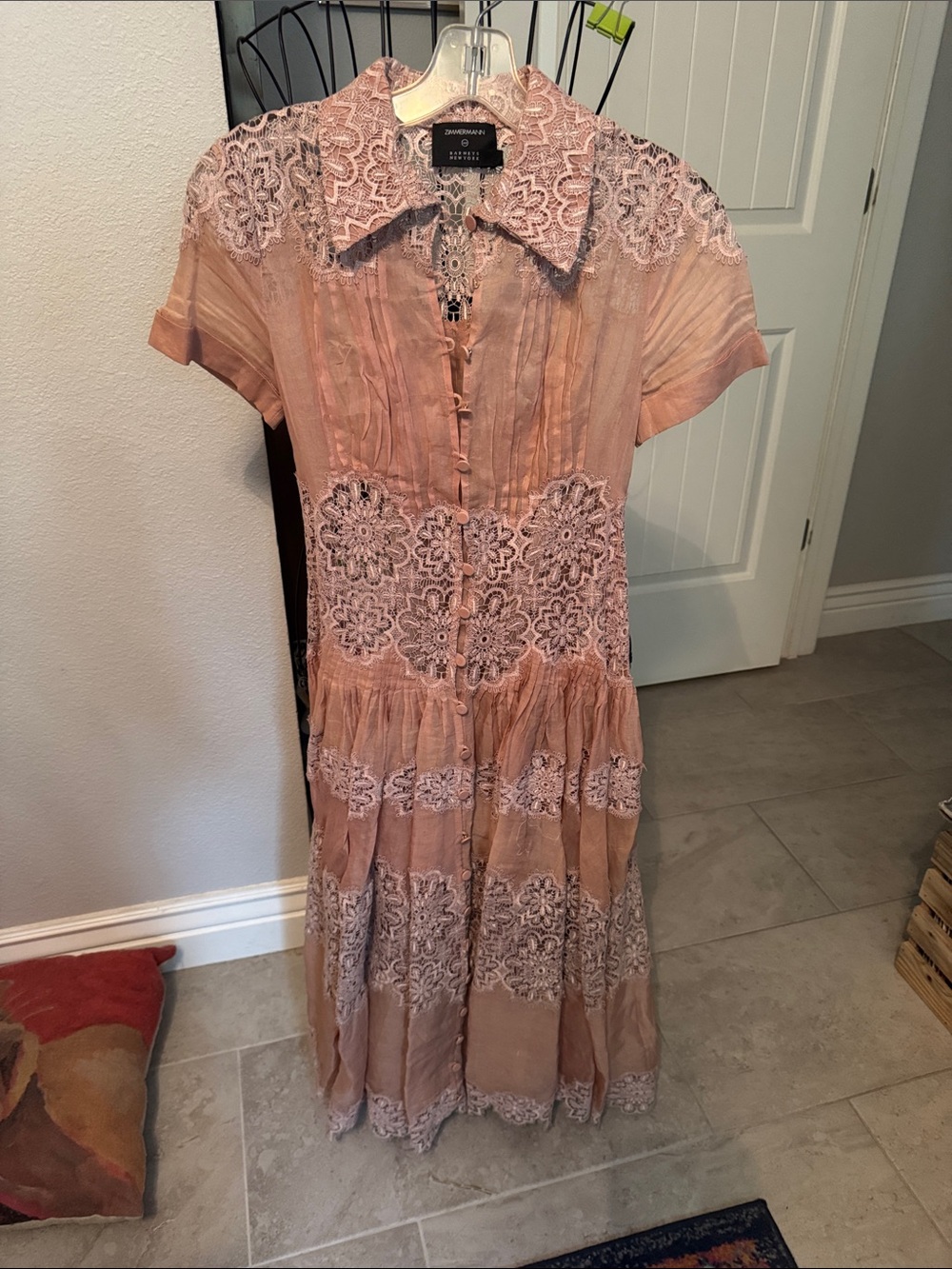 Zimmermann Blush Pink Lace-Panel Button Midi Dress